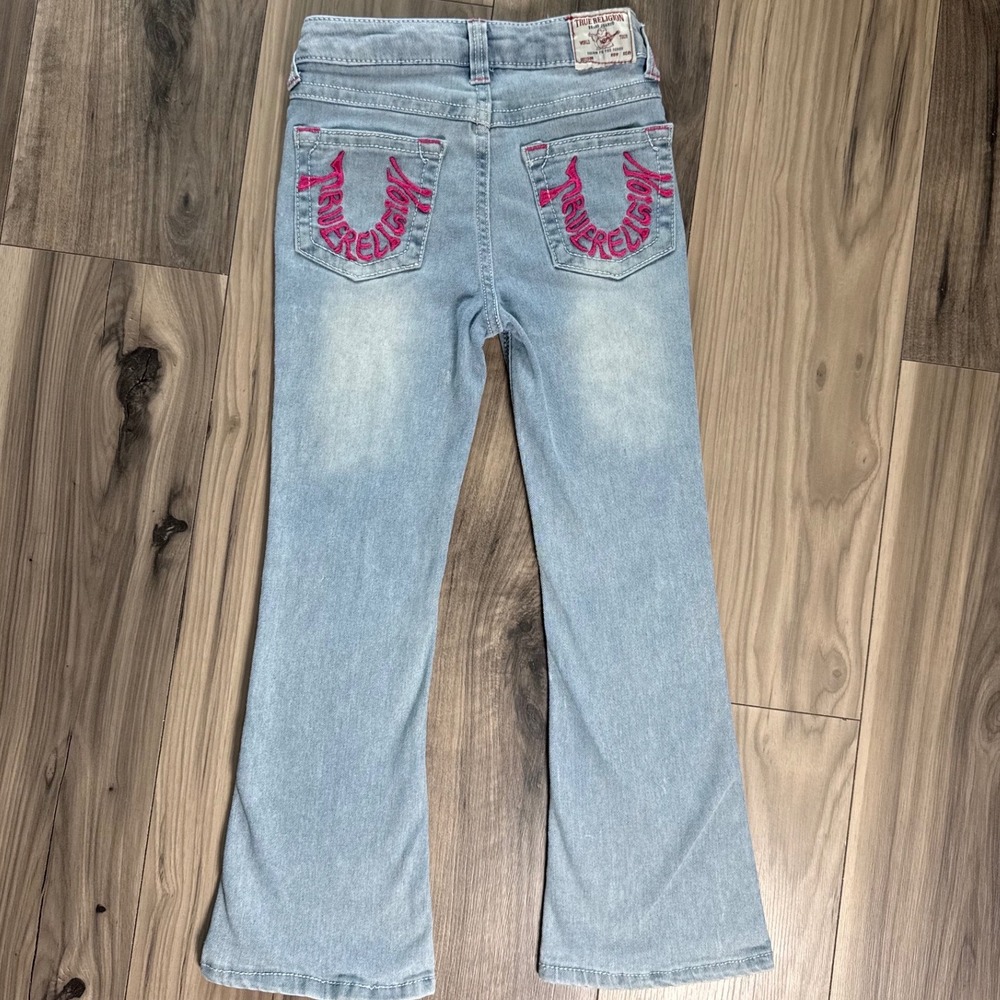 True Religion Joey High Rise Flare Jeans Kids Light Wash Pink Logo Size 7